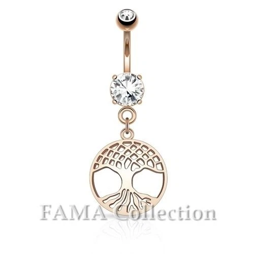FAMA Rose Gold IP 316L Surgical Steel Belly Ring Tree of Life Dangle on Round CZ