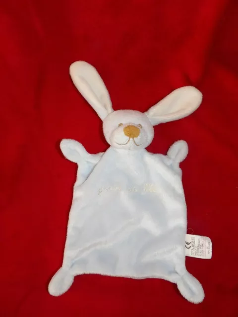 Doudou Plat Lapin Bleu et  Blanc Museau Marron Grain de Blé Zannier
