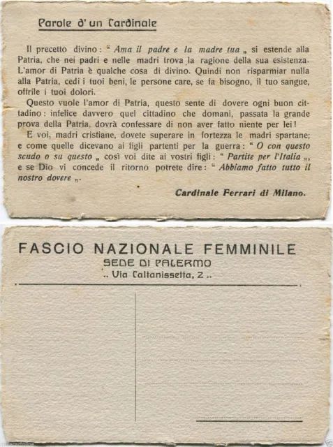 FASCIO FEMMINILE PALERMO, PAROLE DEL CARDINALE FERRARI, AMOR DI PATRIA     m