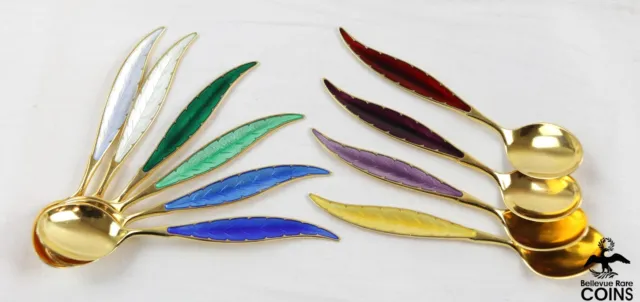 Set of 10: Ottar Hval Norway Sterling Silver Guilloche Enamel Feather Tea Spoons