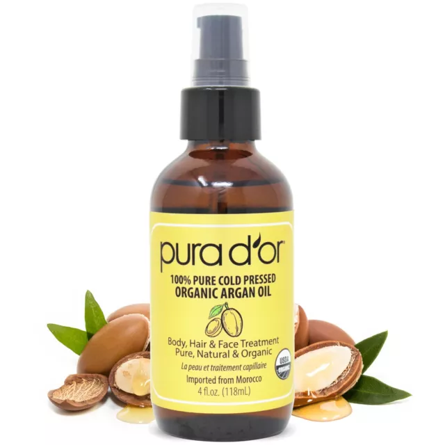 PURA D'OR Dor Moroccan Argan Oil 100% Pure Organic 4 fl oz, for Face Skin & Hair