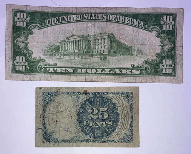 1874 (25c) CENT NOTE AND￼ 1934 ($10) TEN DOLLAR BLUE SEAL SILVER CERTIFICATE 2