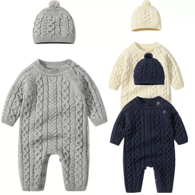 Newborn Baby Cotton Knitted Sweater Romper Infant Long Sleeve Jumpsuit Hat Set