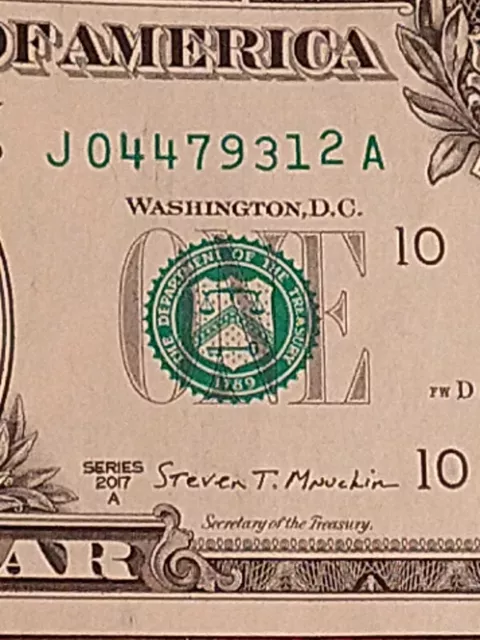🇺🇸(J04479312A) 2017A $1 LSan Francisco BEP K-A Stuck Digit Number 2 STUCK