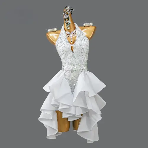 Latin Dance Dress White Women Competition Skirt Ballroom Practice Wear Line Suit