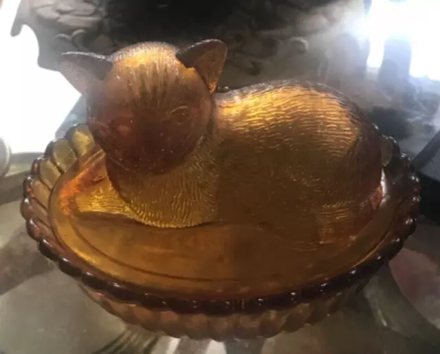 Vintage Cat Candy Dish. Amber Glass Dish With Cat Lid,