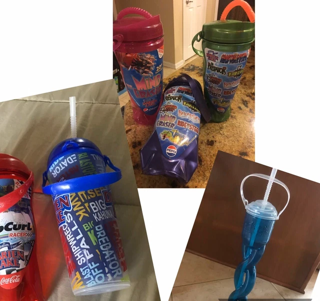 SET OF 6 Six Flags/Darien Lake Souvenir Refillable Bottles With Straw