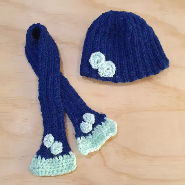 Baby Born Dolls Clothes, hand knitted hat & scarf set, Navy