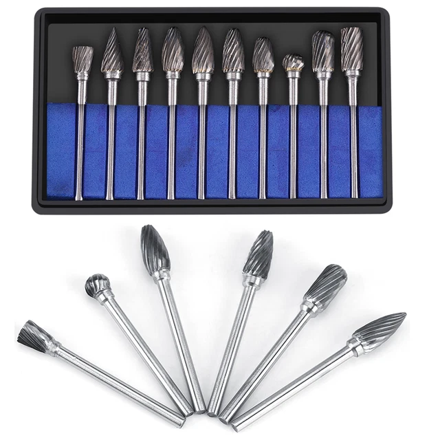 (Single Cut)10X Tungsten Carbide Steel Files Burr Set 3mm Shank 6mm HG