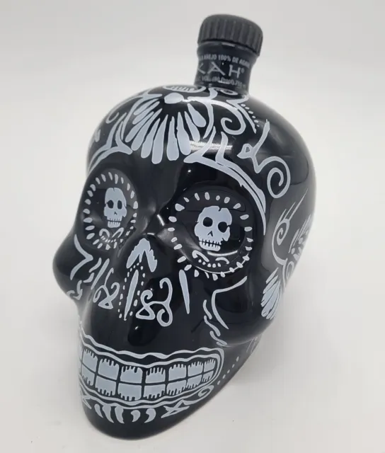 Sangre De Vida Tequila hand Painted Dia De Los Muertos Skull Bottle Empty Black