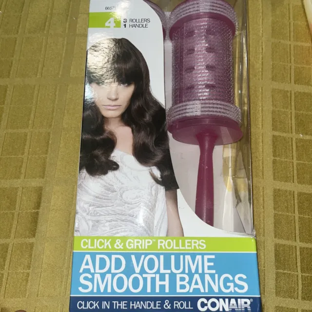 Conair Click & Grip Rollers Add Volume Smooth Bangs #66571 3 Rollers 1 Handle