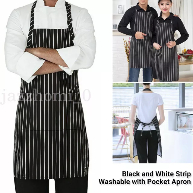 Catering Chef Cooks Butchers Bistro BBQ Apron Striped Cooking Baking Bib Pocket