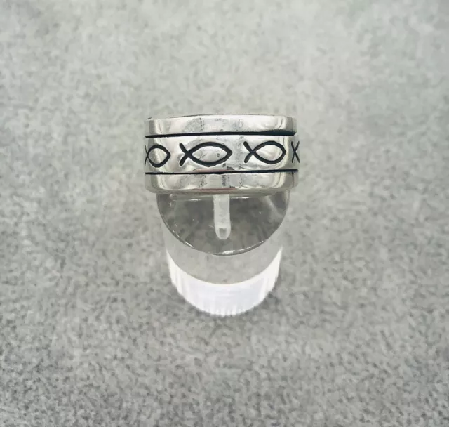 925 Bague en Argent, Anneau Bande, à Motif , Gr. 55, Poisson/Chrétien