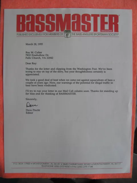 SIGNED LETTER DAVID PRECHT: EDITOR on BASSMASTER STATIONARY 5/28/1995