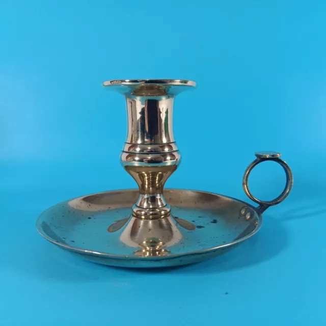 Vintage Solid Brass Chamber Candle Stick with Thumb Loop. 11cm diameter.