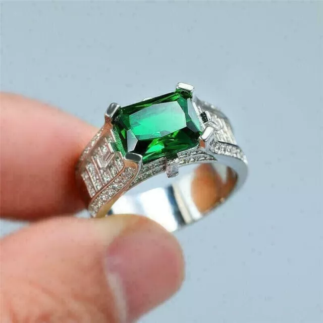 3CT EMERALD CUT Simulated Emerald Men's Wedding Band Ring 14k White ...