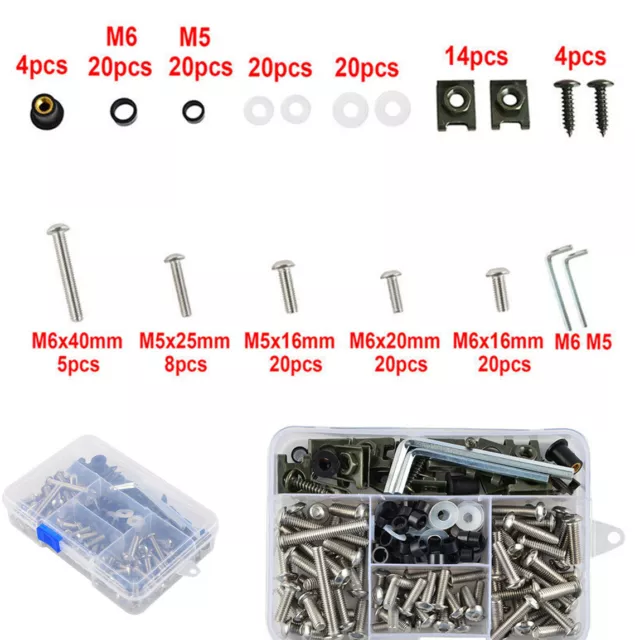 155Pcs Motorcycle Shell Fairing Bolt Plate Screw Nut Thread Kit Stainless Steel