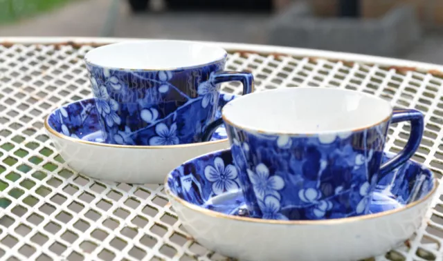 Rare original Minton Blue and white Hawthorn Pair of Tea Cups and Saucers - 1880