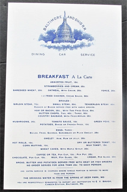 B&ORR Baltimore & Ohio Railroad Dining Car Breakfast Menu