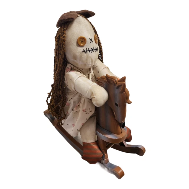 ANIMATED SCARY CREEPY Rag Doll On Rocking Horse Sound Lights Halloween