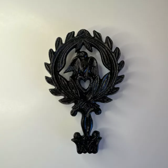 Vintage Small Black Cast Iron Trivet Eagle Heart Patriotic Farmhouse