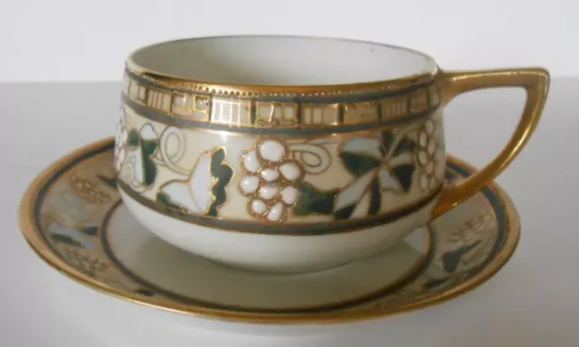 Nippon Morimura Teacup & Saucer Set Hand Painted Enamel Grapes & Gold Beading