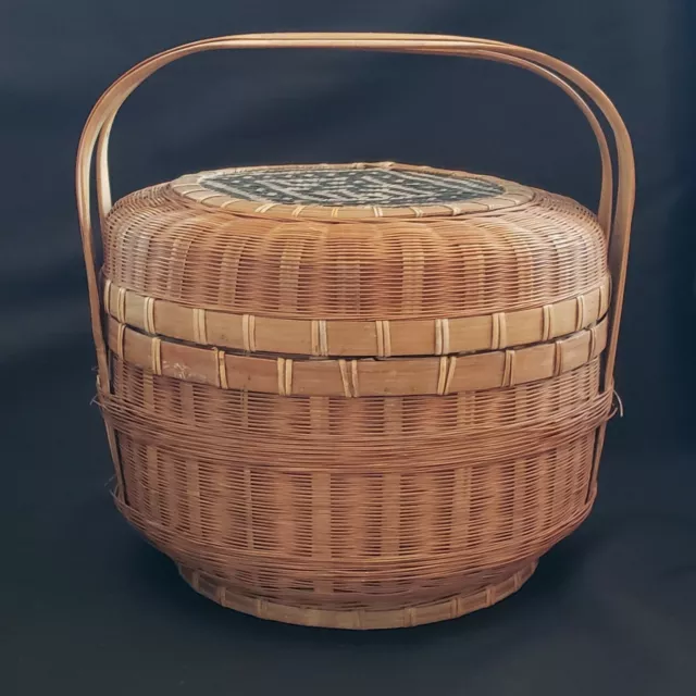 Vintage Chinese Wedding Sewing Basket Woven Wicker Rattan Handled Round with Lid