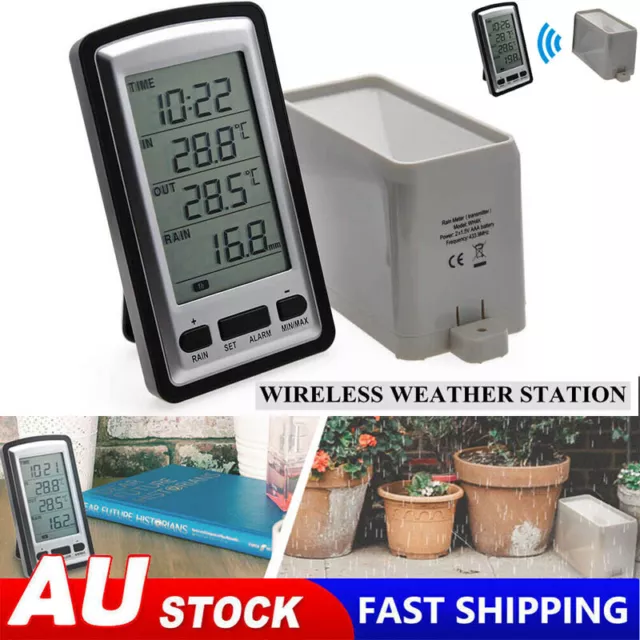 Wireless Weather Station Thermometer LCD Digital Alarm Clock Rain Gauge Meters