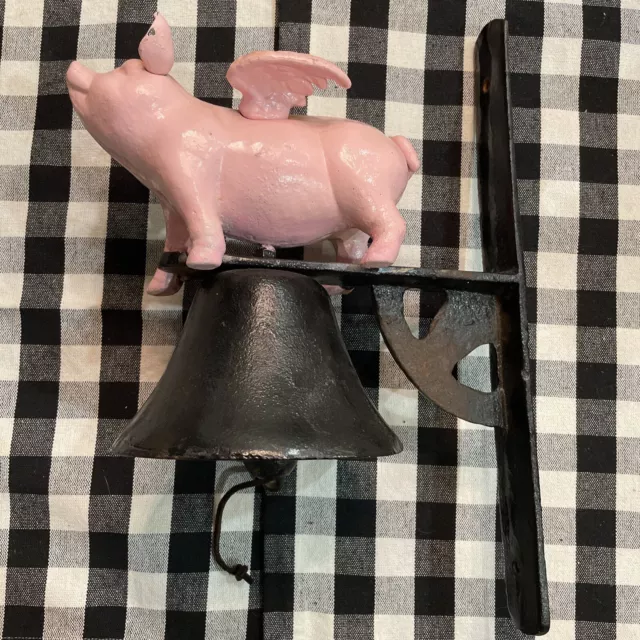 Vtg Pig With Wings Flying Cast Iron Farmhouse Rustic Piggy Bank With Bell - RARE