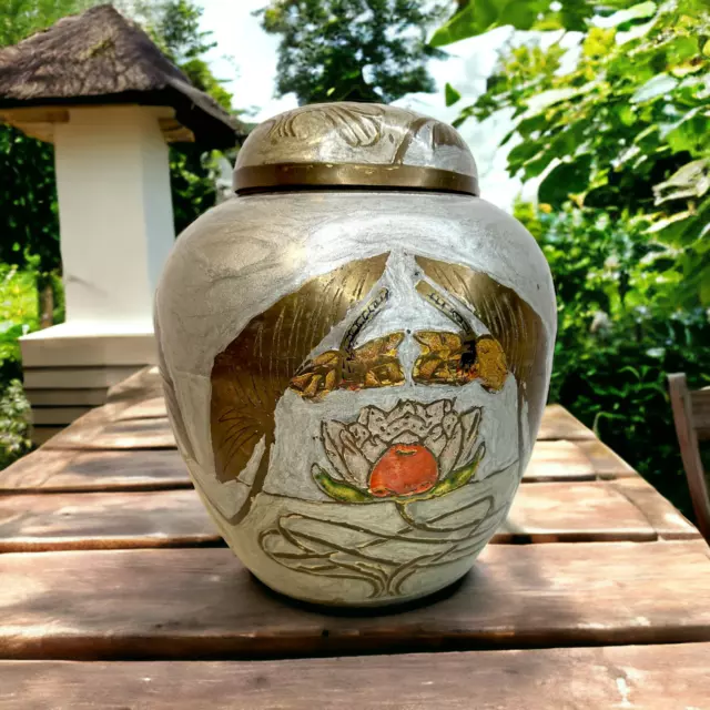 Cloisonne Enamel Brass Ginger Jar Urn Vase Enamel Painted Lotus Dragonfly Lid