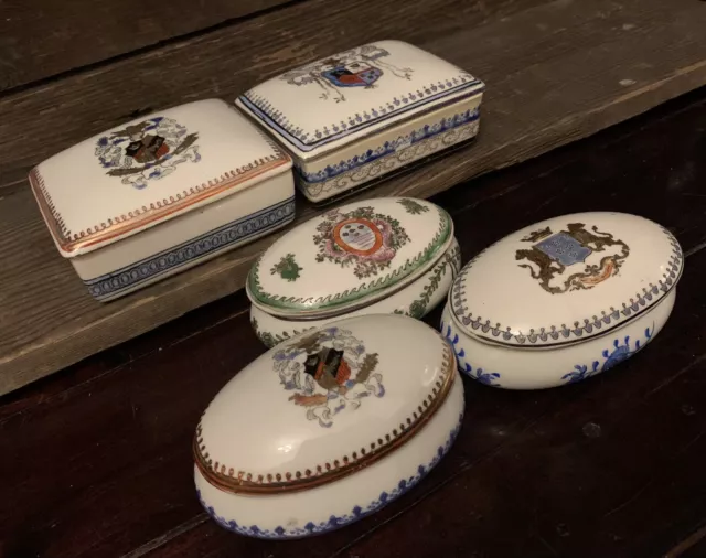 Lot Of 5 Antique Chinese Export Amorial Porcelain Boxes Royal Vienna Shield Mark