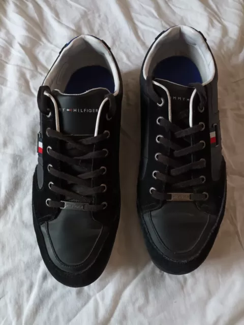Tommy Hilfiger Mens Black Leather Suede Trainers Size Uk 10