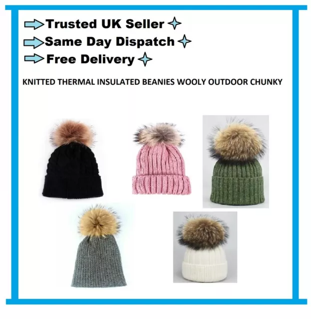 Ladies Womens Warm Winter Chunky Cable Knit Beanie Bobble Hat Detachable Pom Pom