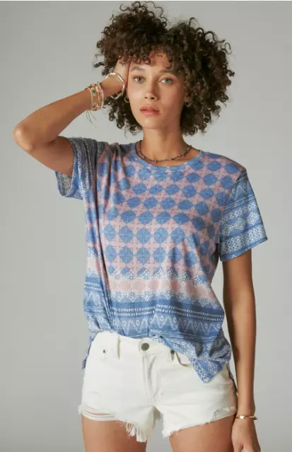 Lucky Brand Women L Blue BOHO Mixed Print Tee Shirt Top NWT