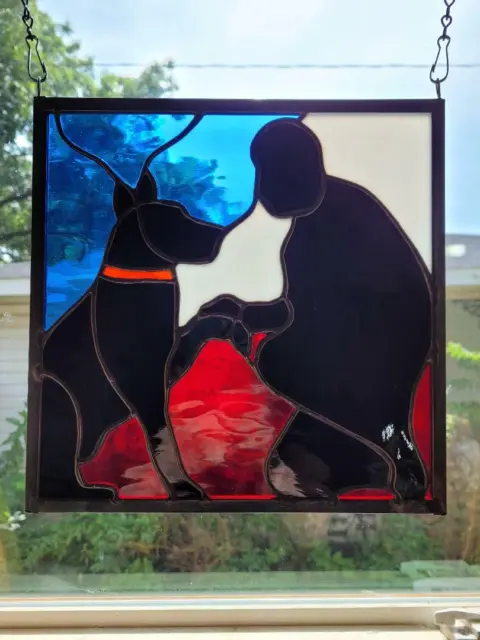 Stained Glass Veteran Silhouette/Companion Service Dog 10"x10" Panel Sun Catcher