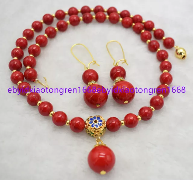 8mm Natural Red Coral Round Gemstone Beads Pendant Necklace Earring Jewelry Set