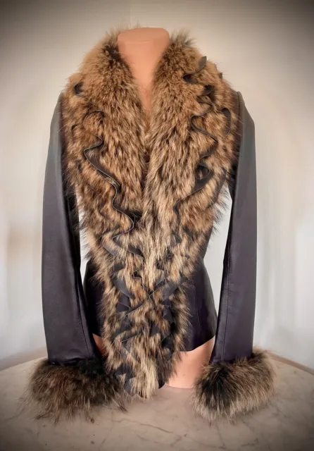 CACHE Genuine Leather & Real Raccoon Fur Collar & Trim Black Jacket Sz 0 (XS)