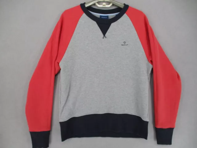 Gant Jumper Mens Medium Grey Red Knit Logo Long Sleeve Sweater Colourblock