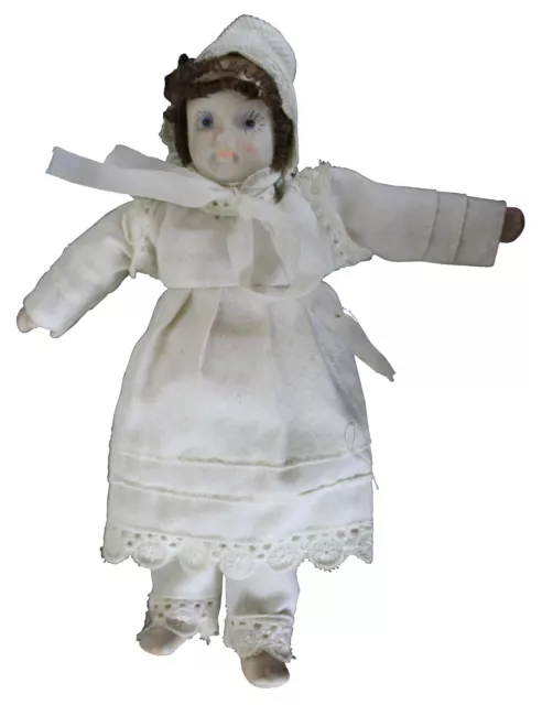Antique Painted Bisque Porcelain Doll Cloth Body Brown Hair Lace Dress 7”