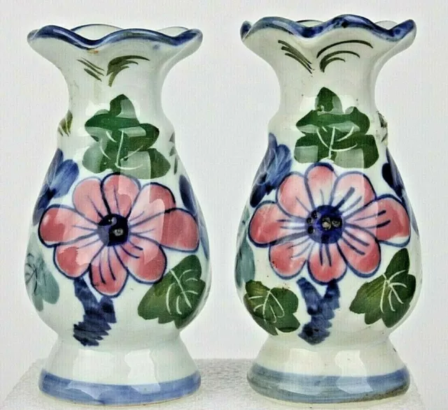 Vintage Pair Miniature Porcelain Vases Handpainted 4 1/4" Tall Marked TC On Base