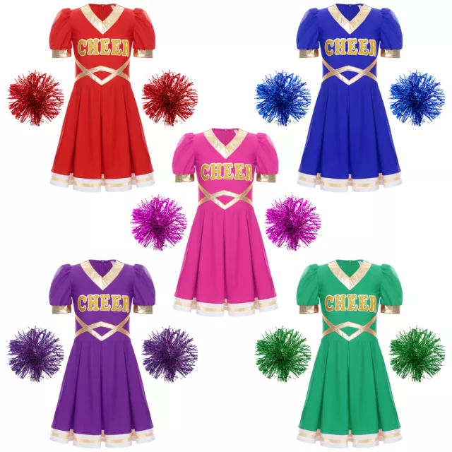 Kids Girls Cheerleading Dress CHEER Printed Cheer Leader Outfit Color Block
