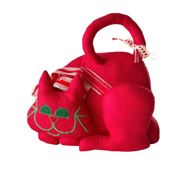 Adorable Fabric Kitty Cat Doorstop - Country Red w/ White Polka Dots