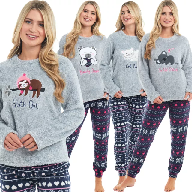 New Ladies Girls Pyjamas Soft & Cosy Warm Pyjama Set Cat Koala Bear Owl Sloth