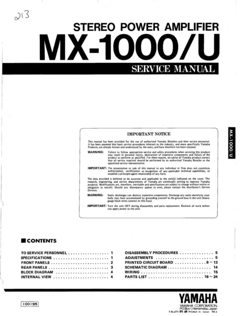 Service Manual-Anleitung für Yamaha MX-1000