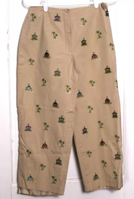 TALBOT'S PETITES CROPPED PANTS ladies size 6P khaki w/embroidered oasis print