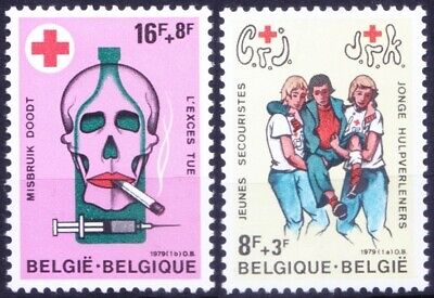 Belgium 1979 MNH 2v, Health, Skull Anti Drugs, Anti tobacco, Red Cross