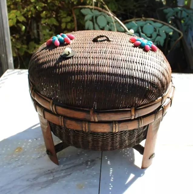 Large Antique Chinese Sewing Basket on 4 Legs