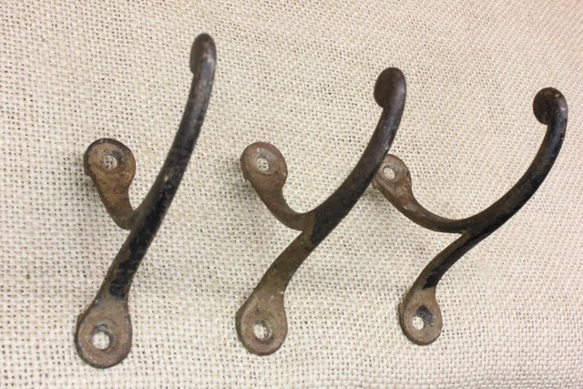 3 Old Single Coat Hooks Farm School House 1850’s Vintage Rustic Cast Iron 3" 2