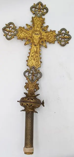 GOTHIC REVIVAL VICTORIAN GILT BRASS PROCESSIONAL CROSS 19TH CENTURY 19.7 Inches