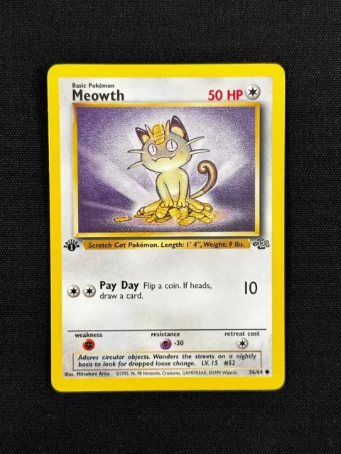 Meowth 56/64 1. Auflage Pokémon Karte Dschungel Basis Set Gemeinsam Wotc Neuwertig